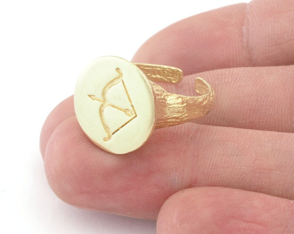 Bow Sagittarius Horoscope Bark Textured Adjustable Ring Raw brass 4861