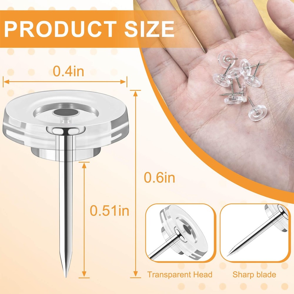 150Pcs Clear Push Pins Tacks, Thumb Reusable Flat Head