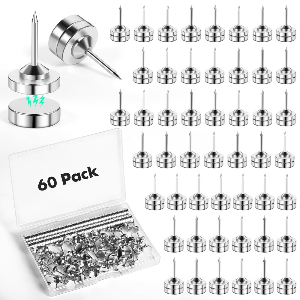 GOOLADA 60 Sets Magnetic Push Pins, Silver Tacks, 60Pack,