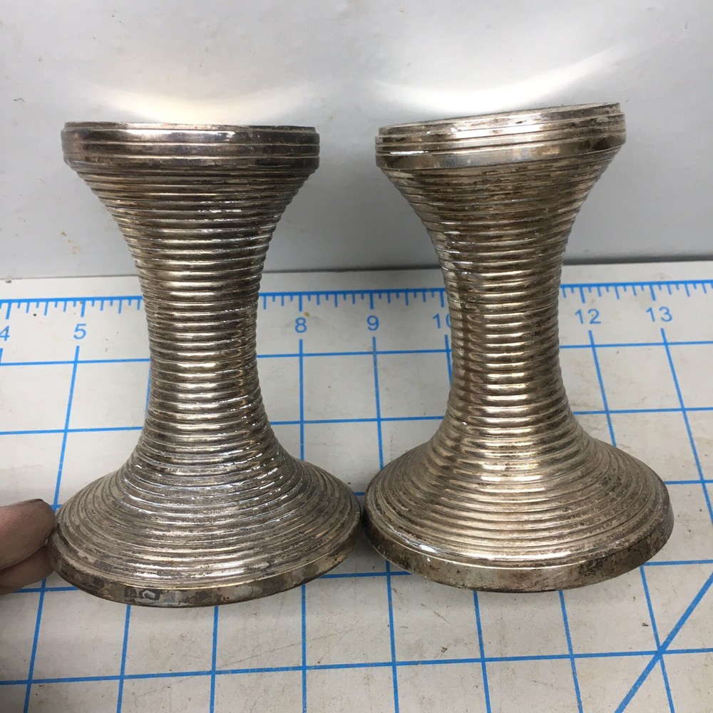 Unknown vintage candlesticks ribbed pair silver chrome Short 4” Tall