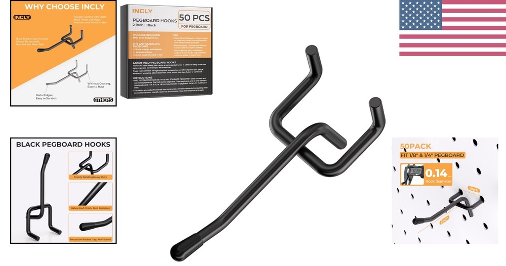 Space-Saving 50 Pack 2 Inch Metal Pegboard Hooks with Protective Rubber Tips