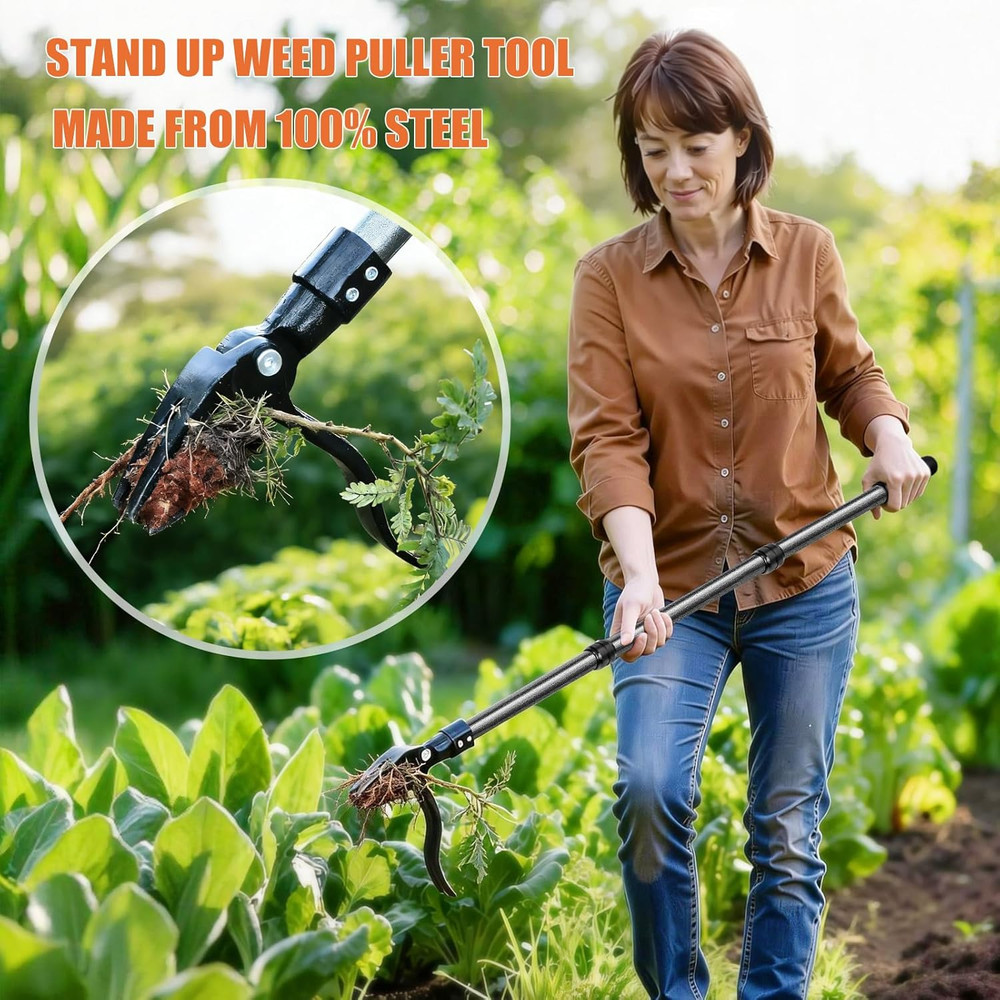 Steel Stand-Up Weed Puller Tool - 45" Long Handle with 4-Claw Head