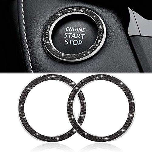 2pcs Bling Car Engine Start Button Cover Diamond Ignition Ring - Black