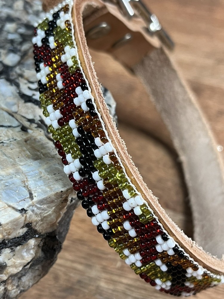Leather Beaded Dog Collar Handmade Brand New - Medium