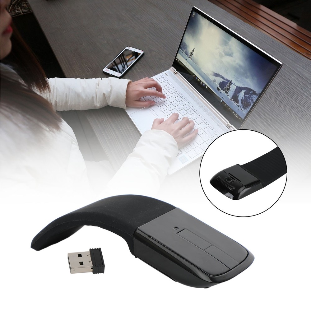 Wireless Mouse with USB Mini Folding Mouse 2.4GHz Arc Optical Touch Mice Black💯