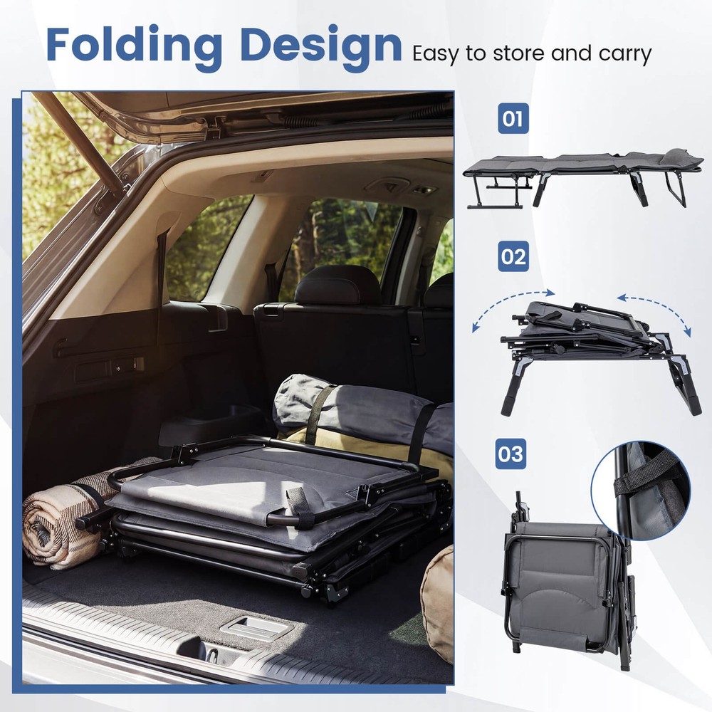 Folding Camping Cot w/Mattress 6 Backrest Positions Head Pillow Foldable Armrest