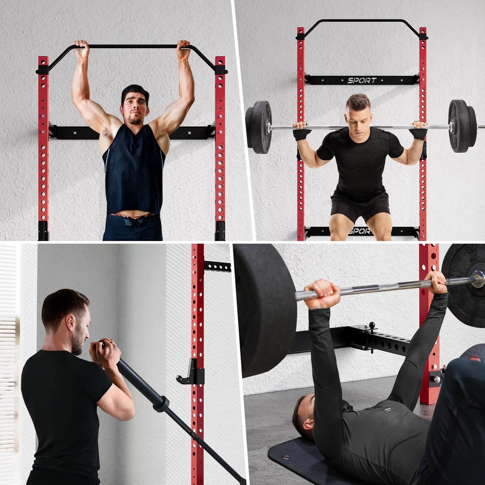 Foldable Squat Rack 1000 LBS Space-Saving with Pull Up Bar & J Hook & Landmine