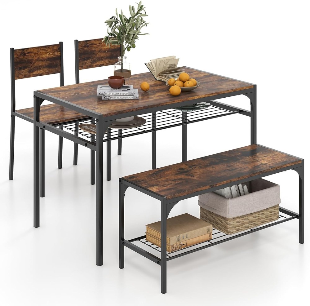 Dining Table Set 4 Kitchen Table W/ Bench & Chairs Industrial Gathering Bench