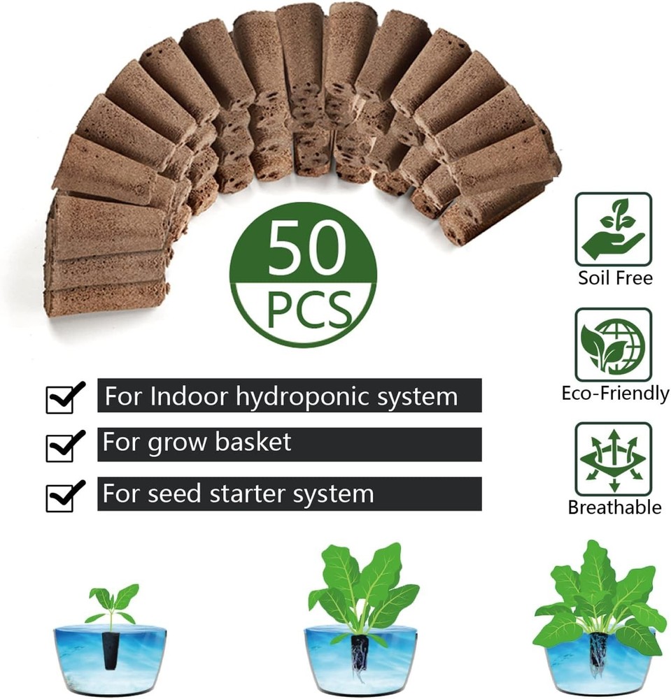 Hydroponic Grow Sponges 50 Pack Biodegradable Coconut Shell Seed Starter