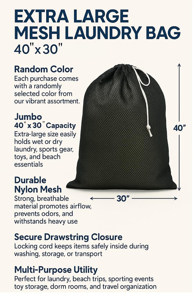Extra Large Mesh Laundry Bag 40" x 30" – Drawstring, Multi-Purpose for Laundr...