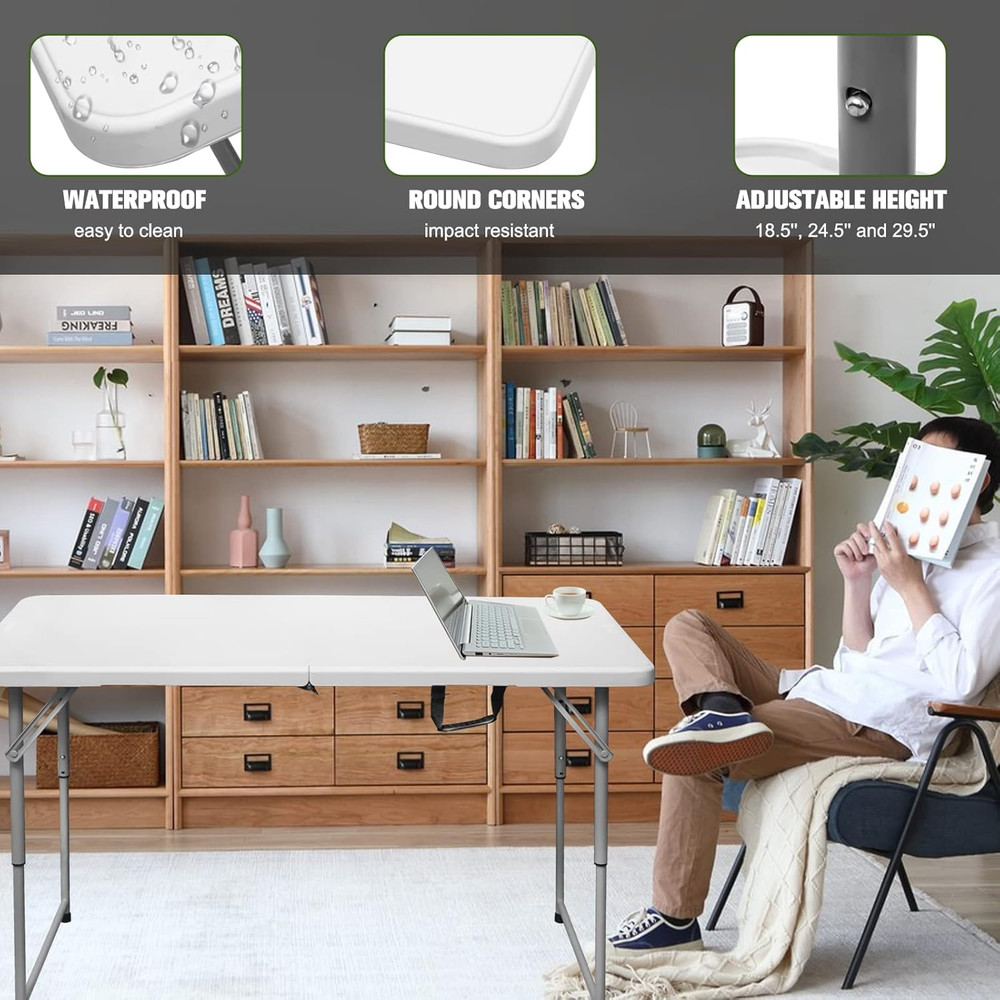 4Ft Folding Table Heavy Duty Plastic Fold in Half Adjustable Height Portable