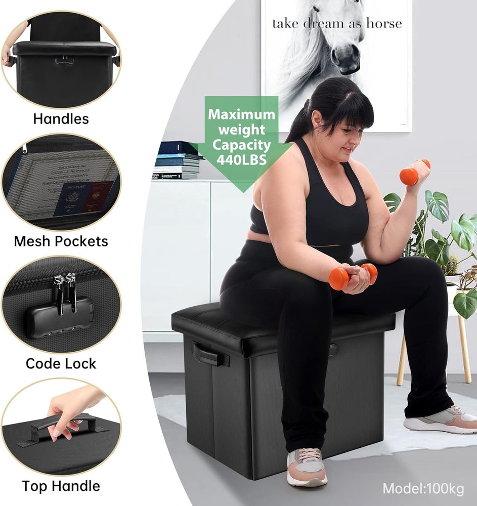 Foldable Foot Rest Ottoman, Lockable Storage For Valuables, Black