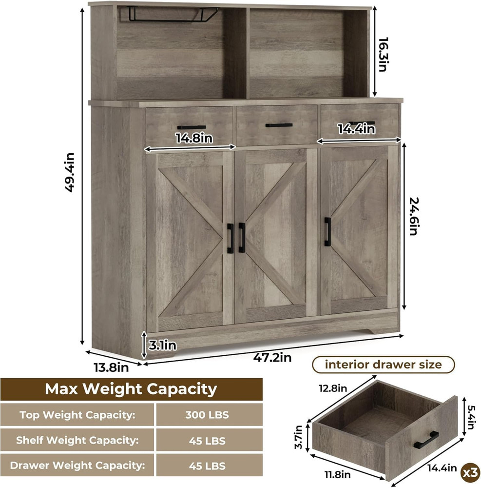 Farmhouse Buffet Sideboard with Microwave Stand & Barn Doors, Grey