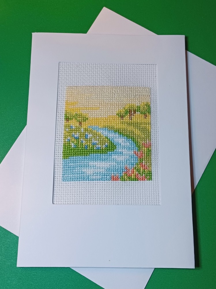Spring river landscape. Finished X-stitch. White card, blank insert & envelope.