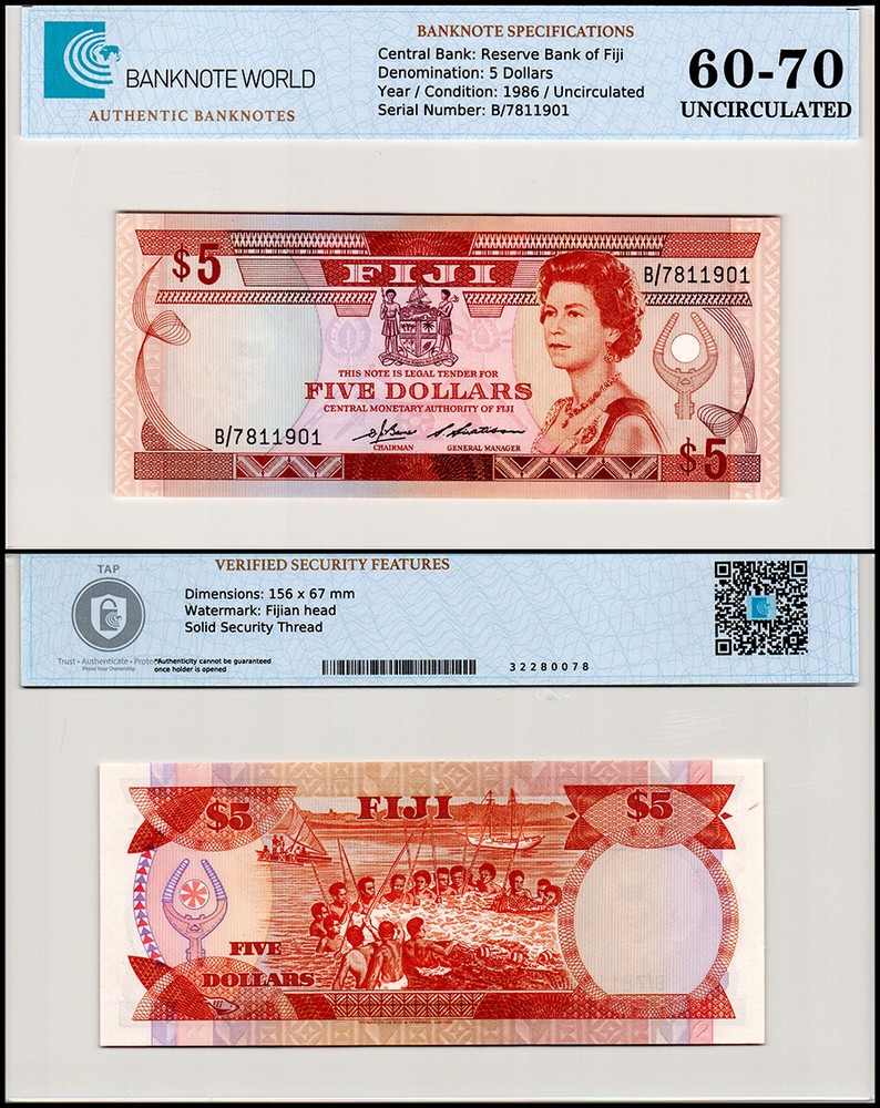 Fiji 5 Dollars, 1986 ND, P-83a, UNC, Authenticated Banknote