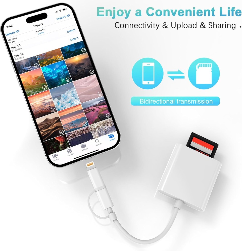 SD Card Reader for iPhone iPad, Dual USB-C & Lightning Connector Memory SD Card
