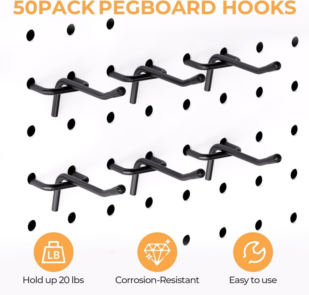 Space-Saving 50 Pack 2 Inch Metal Pegboard Hooks with Protective Rubber Tips