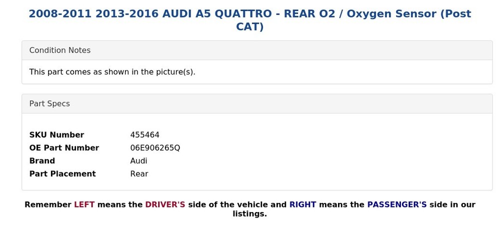 2008-2011 2013-2016 AUDI A5 QUATTRO - REAR O2 / Oxygen Sensor (Post CAT)