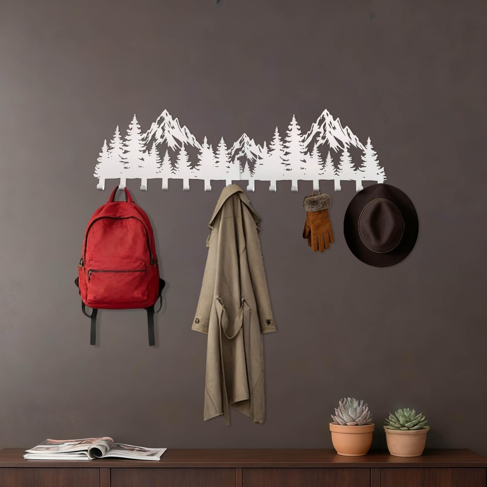 Large White Mountain Wall Mount with 14 Hooks, Decorative Forest Art Wall Han...