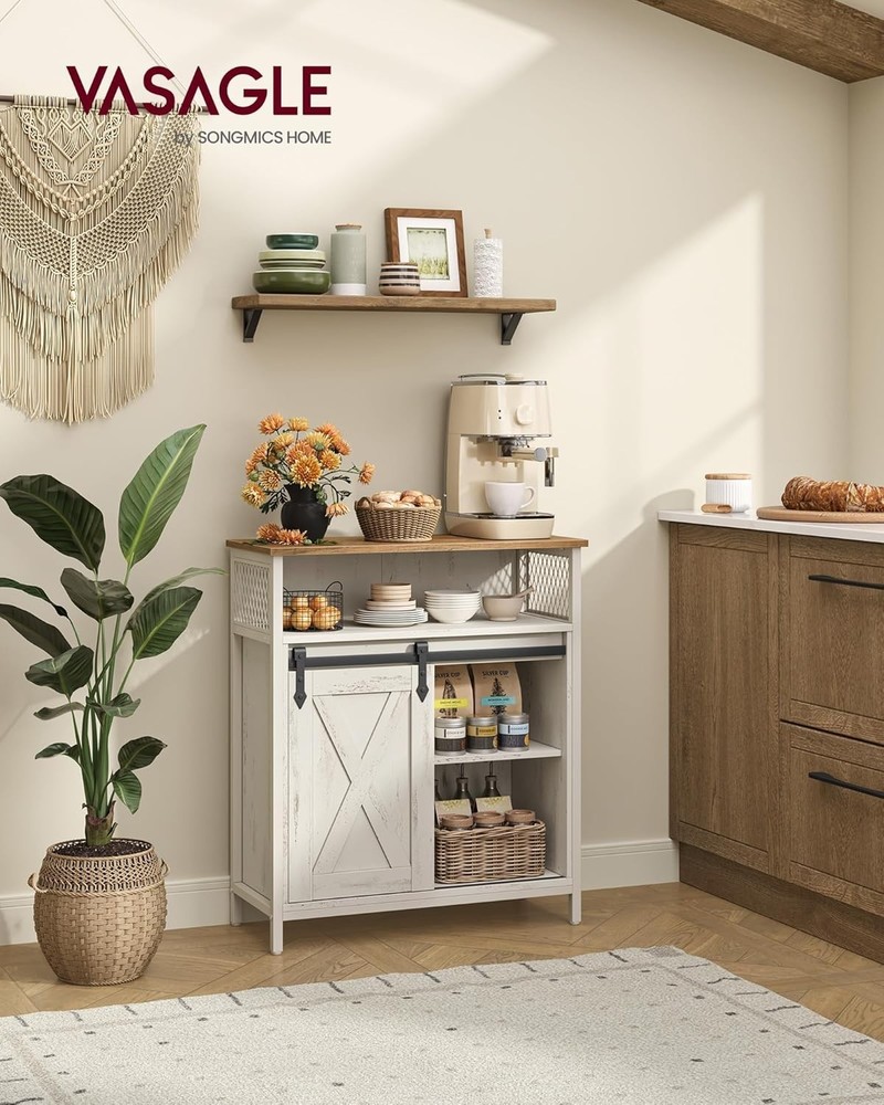 Versatile Coffee Bar Storage Cabinet in Rustic White - Adjustable Shelves Design
