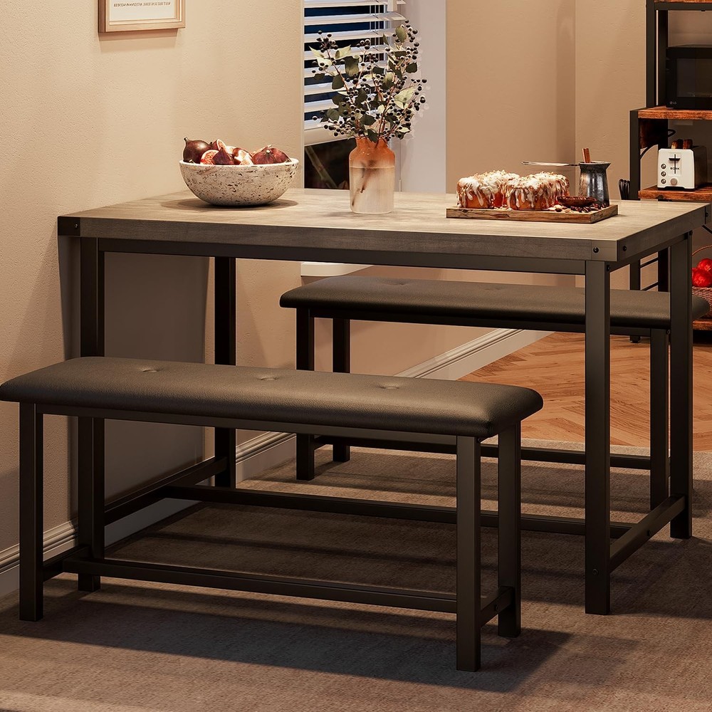 Dining Table Set 4 Kitchen Table W/ Upholstered Bench 3 Piece Rectangular Dining