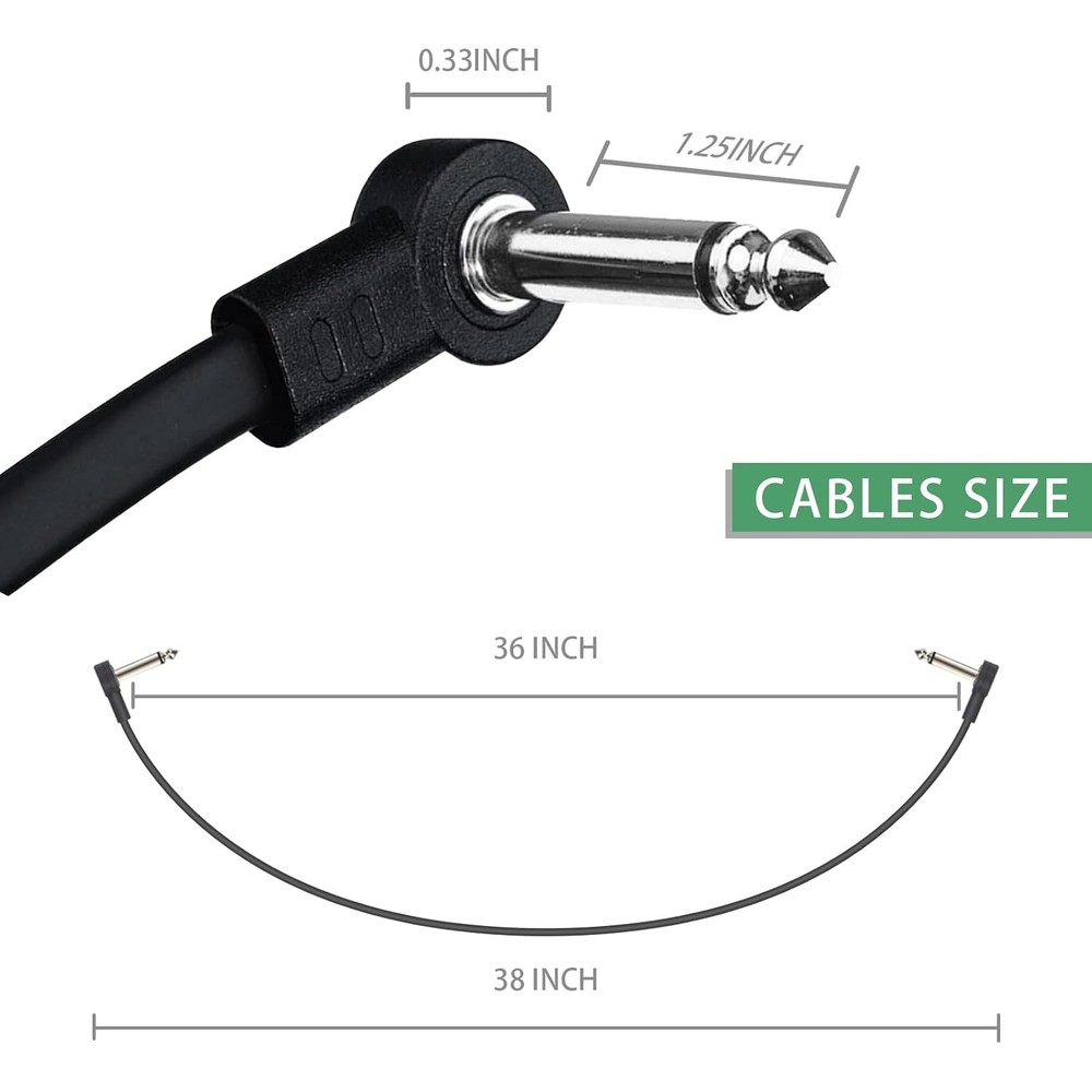 3FT Guitar Patch Cables, 1/4" TS Right Angle Effect Pedal Flat 3 FT, Black