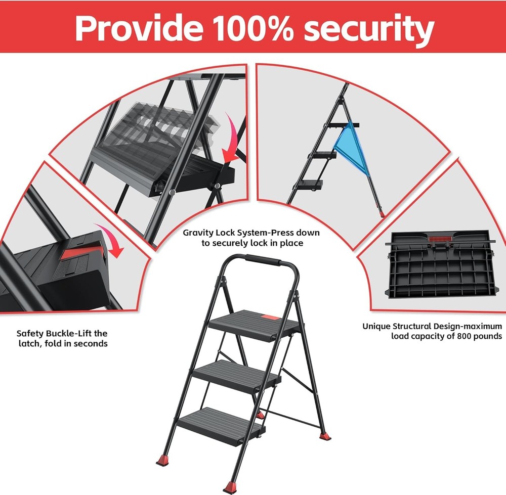Step Ladder Foldable Folding Stool - for Home Adults Kitchen 3 3 Step, Red