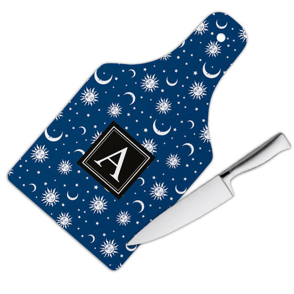 Gift Cutting Board : Sun Moon Star Prints Night Sky Pattern Faced Ceiling