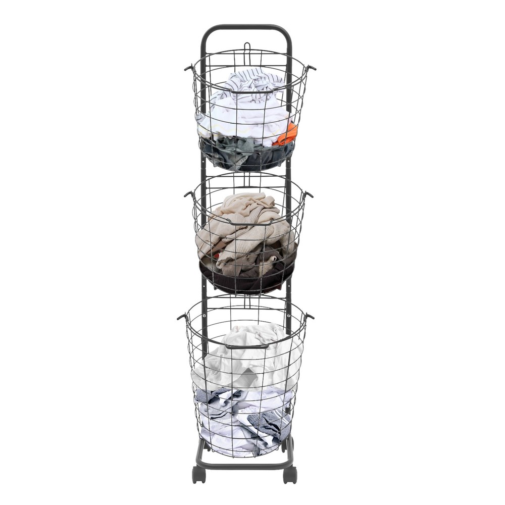 3 Tier Rolling Laundry Hamper with 3 Removable Wire Basket & 4 Universal Wheels