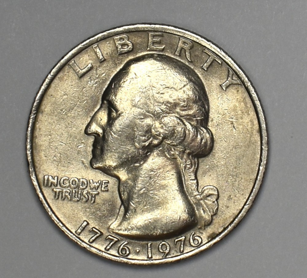 Bicentennial Quarter Error Stike Through with Die Cracks, Chips Closed AM+