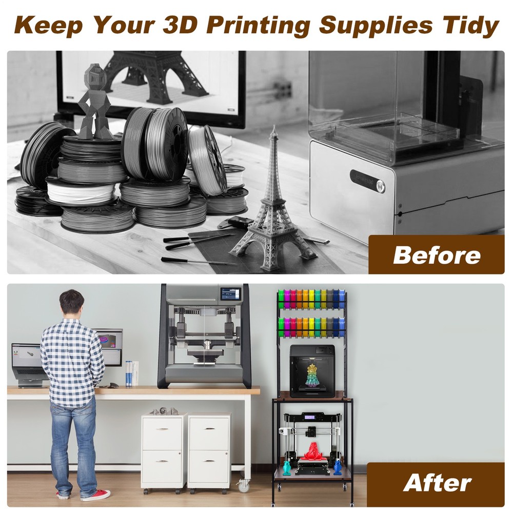 Heavy Duty Mobile 3D Printer Stand w/ Double Layer Filament Storage Rack+Wheels-