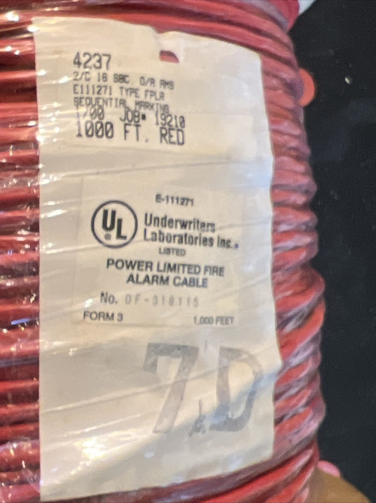 Alarm Cable 1000 Feet shielded 2 Conductor Solid Copper 16 AWG Type FLPR￼ 4237