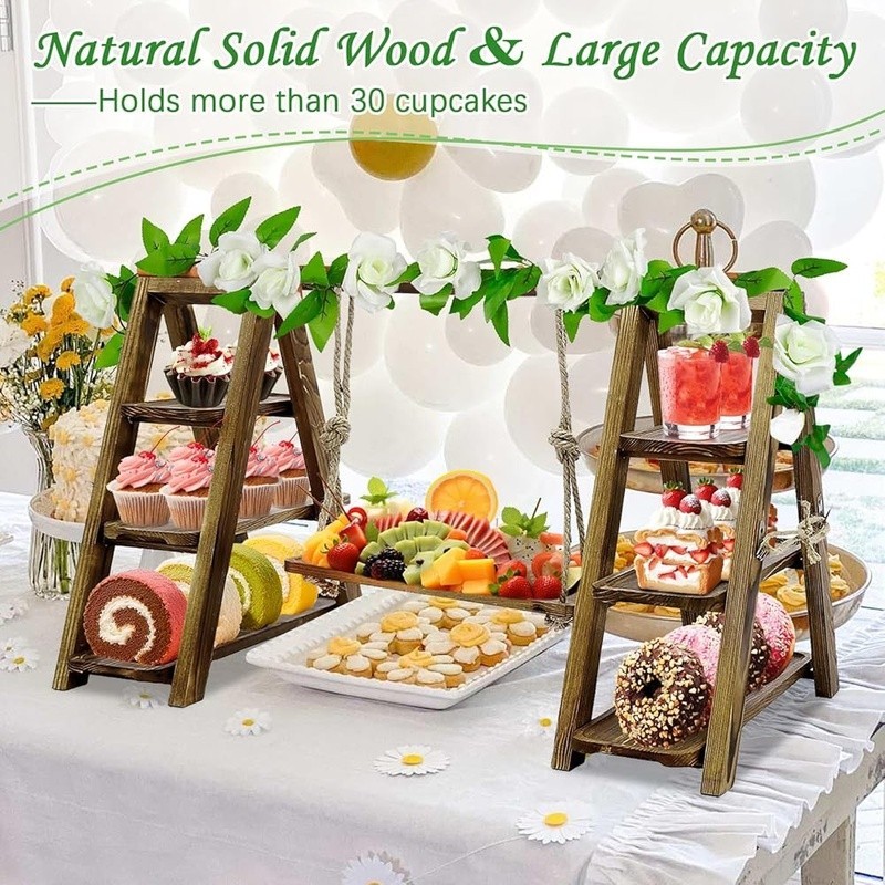 Foldable Solid Pine Dessert Stand Adjustable Ropes Events Catering Parties New