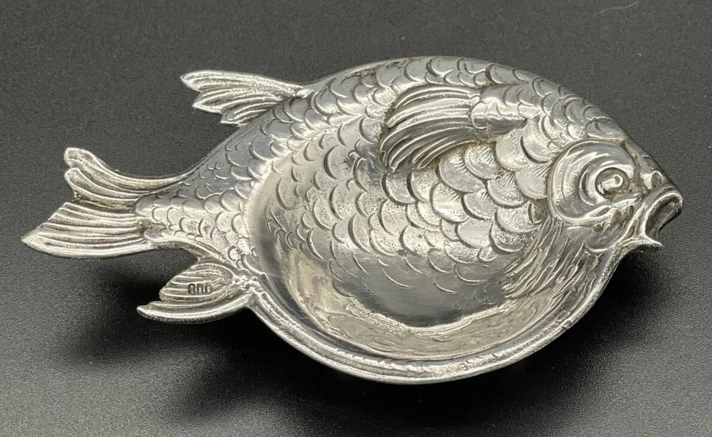 Unusual Cast 800 Silver Figural Fish Form Open Salt Cellar