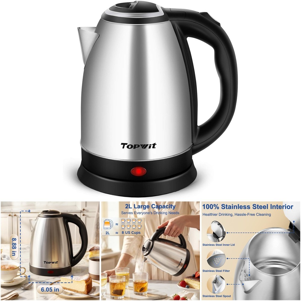 2000ml Stainless Steel Electric Kettle Boiling Water Fast Auto Shut-Off Silver
