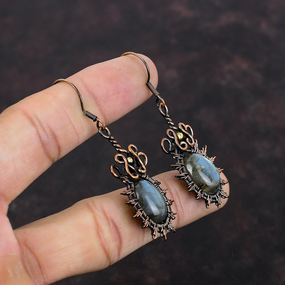 Labradorite Wire Wrapped Drop/Dangle Earrings Handcrafted Copper Ethnic 2.36"