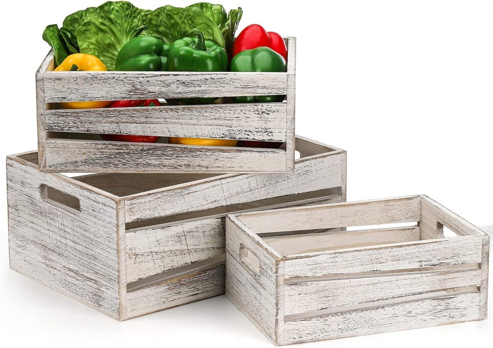 AVLA 3 Pack Wooden Storage Crates, Rustic Nesting Container Bin with...