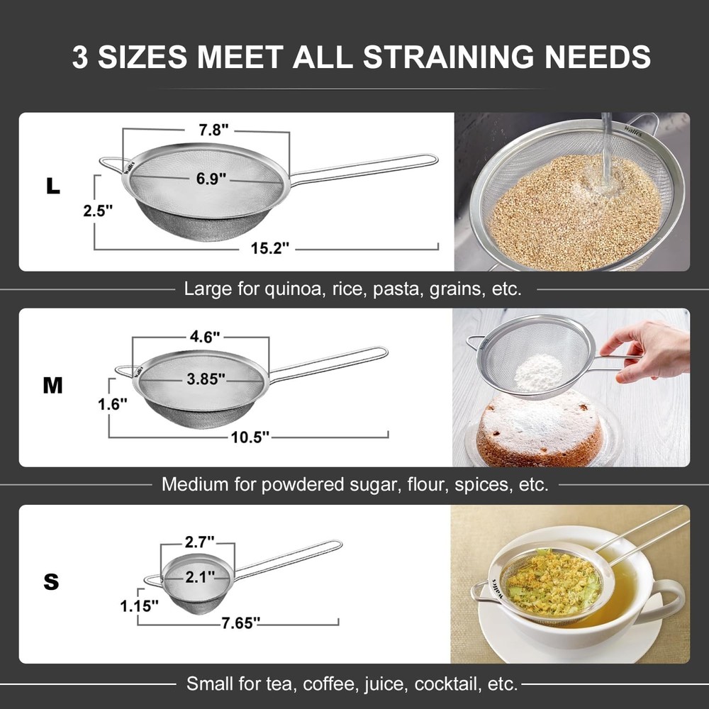 Essential 3-Sized Fine Mesh Strainers Set - Sturdy Design for Easy Kitchen Tasks