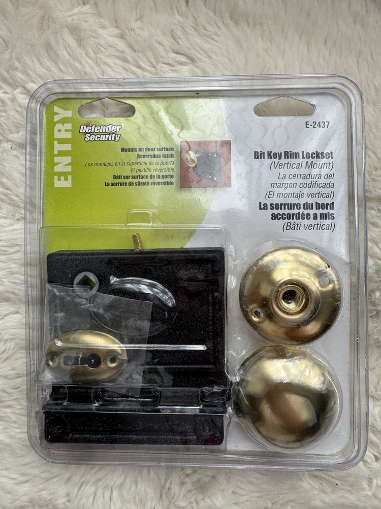 Defender Security Brass/Black Bit Key Rim Lockset, Vertical Style, E-2437