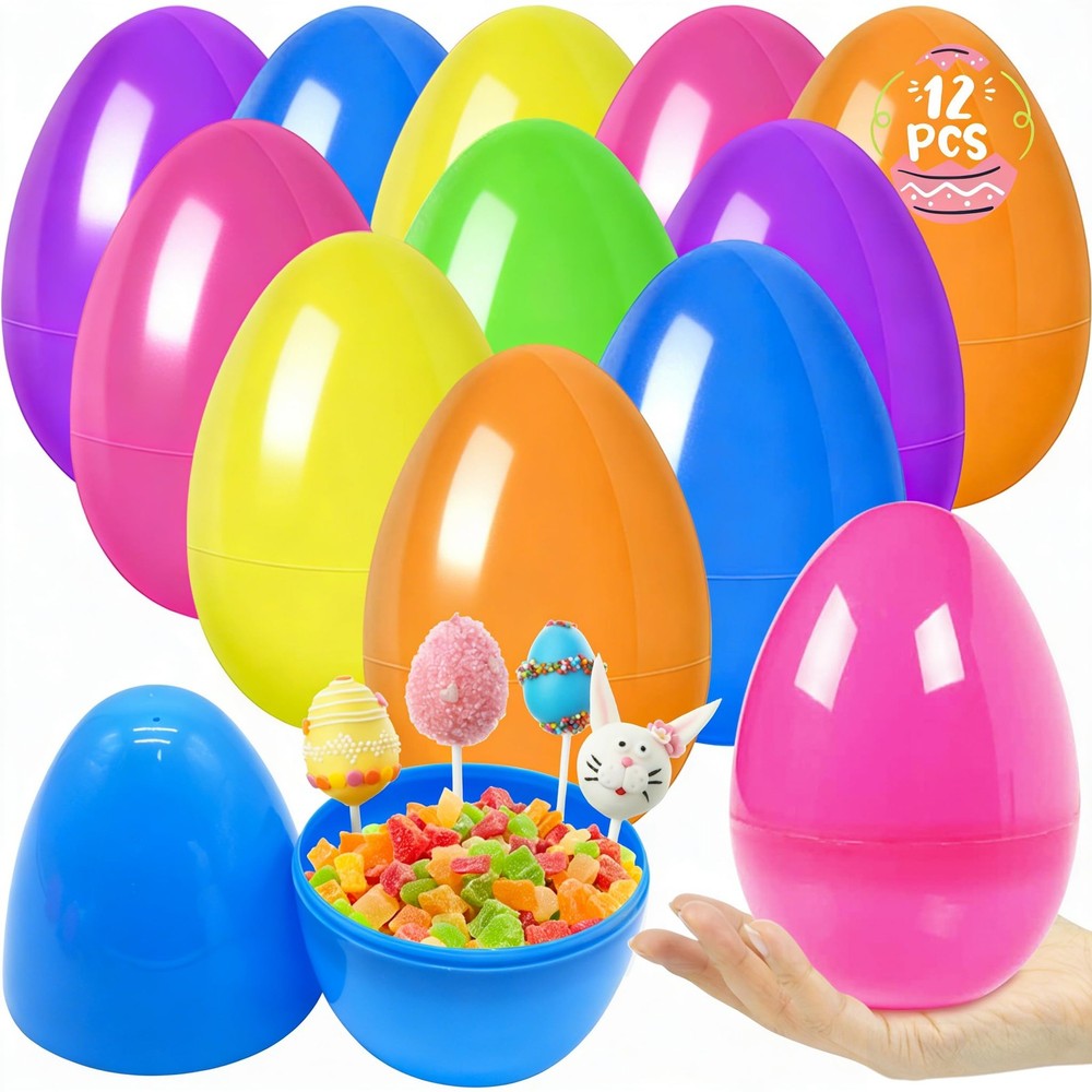 12Pcs Jumbo Plastic Bright Easter Eggs, 6’’ Fillable Assorted Solid Colors Em...