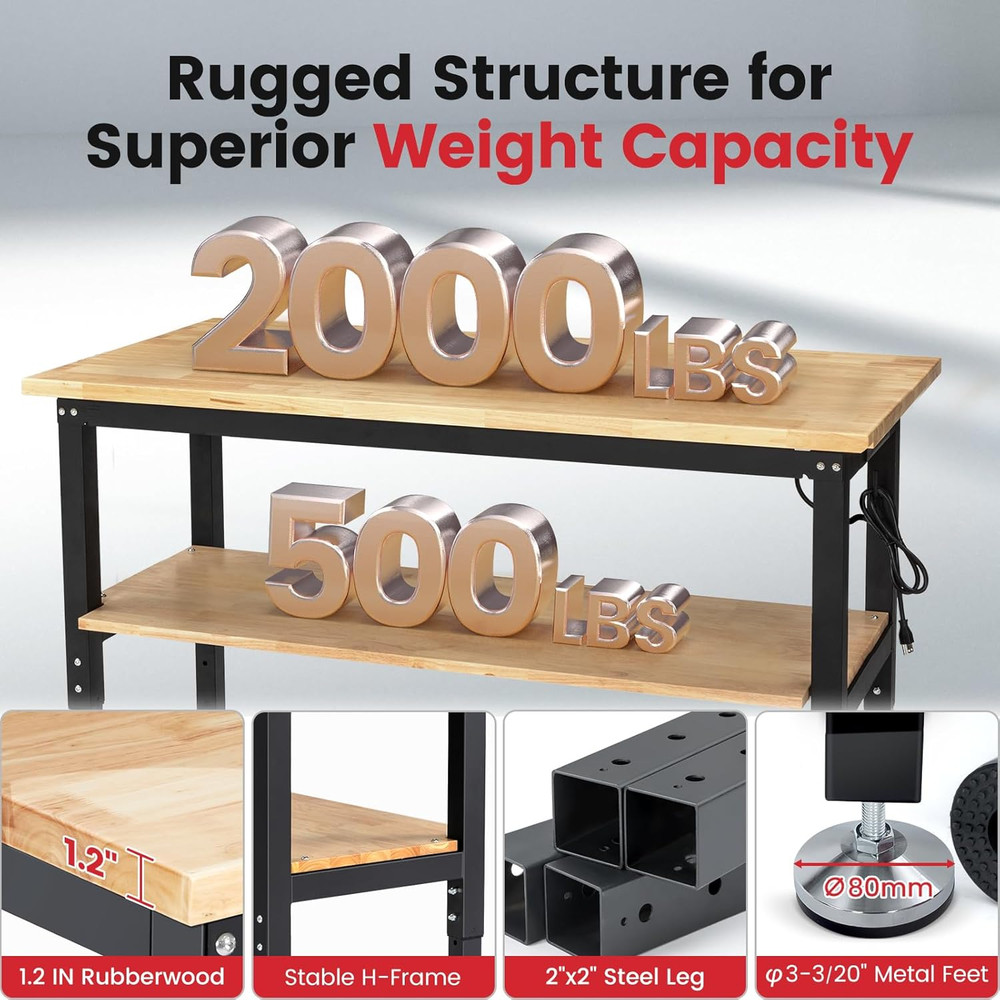 Work Table for Garage 60 Inch Workbench with Storage Adjustable Height Rubber Wo