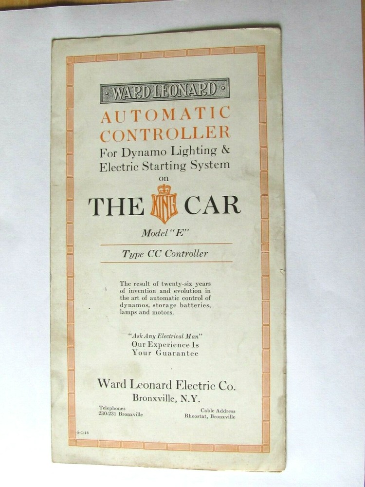 1916 BROCHURE FOR KING MOTOR CAR CO KING 8 , AUTOMATIC CONTROLLER WARD LEONARD
