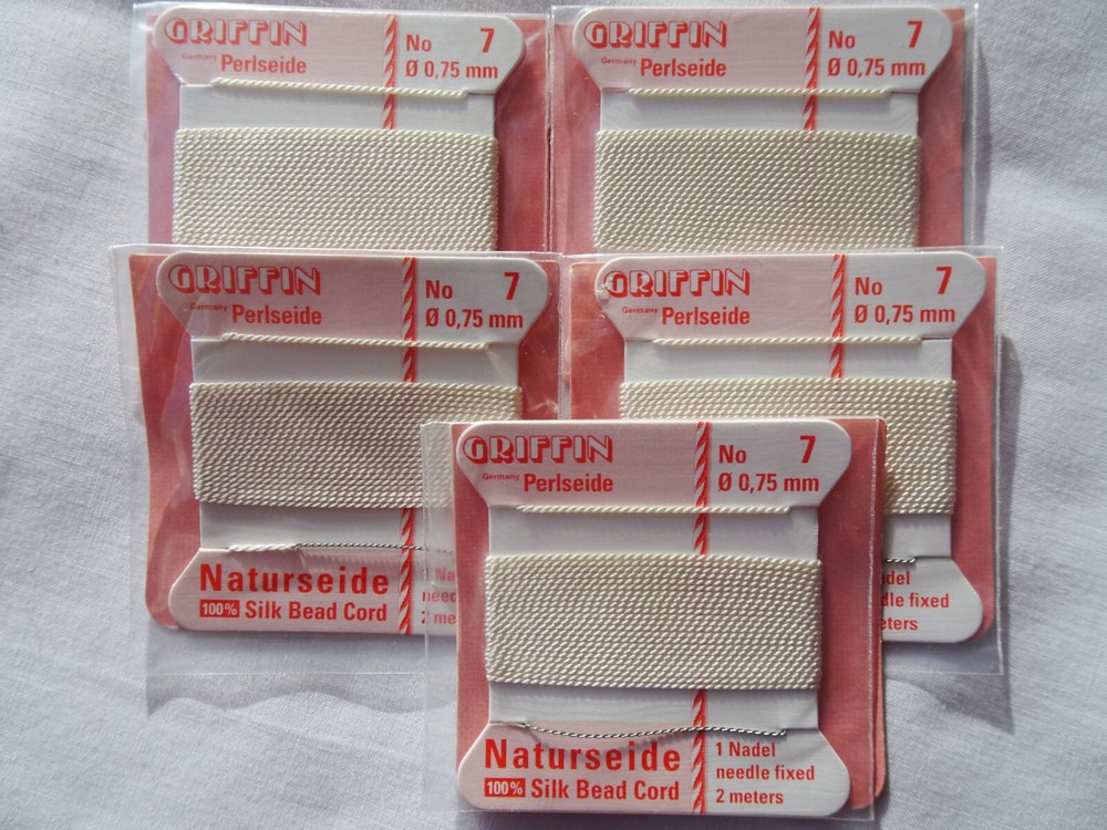 THREE Cards Griffin 100% Silk Thread Cords W/Needle Size 7 White G48 DNG
