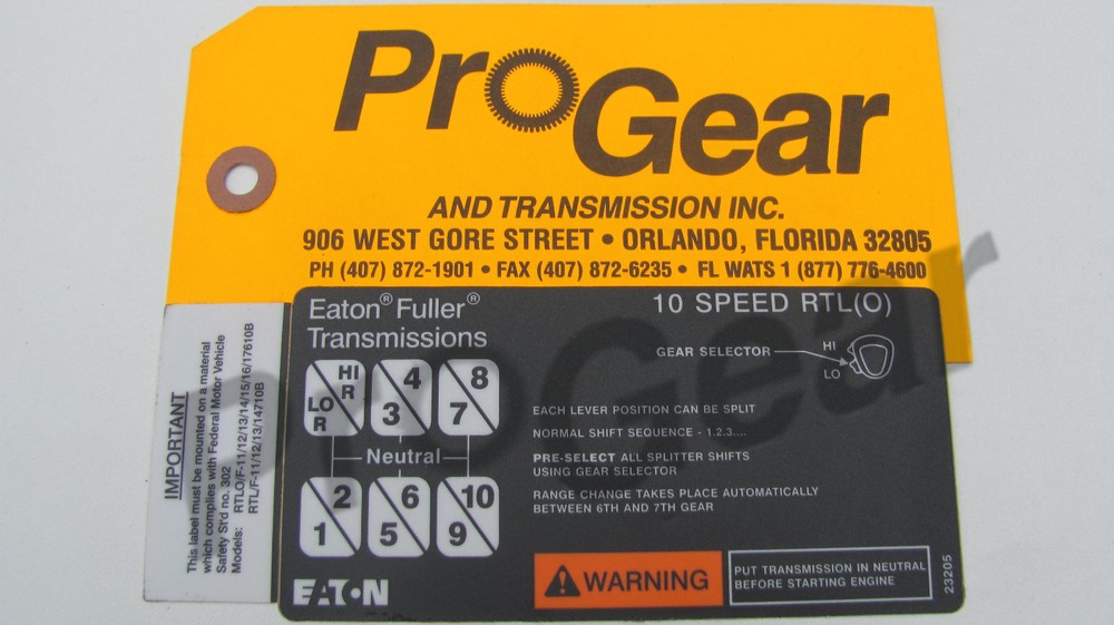 Eaton Fuller SUPER 10 Transmission Shift Pattern label  23205