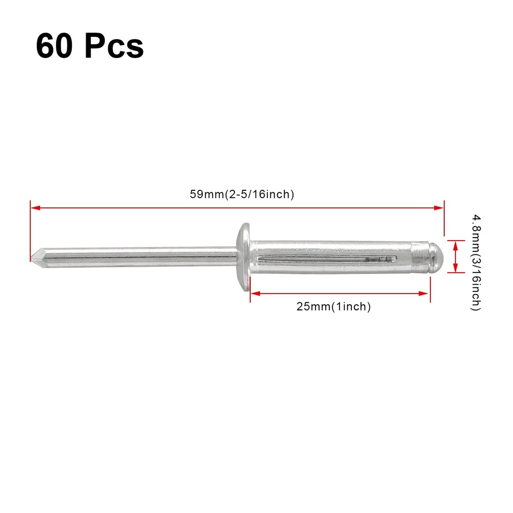 60Pcs Aluminum Tri-Fold Exploding Pop Rivets 3/16''X 1'' Large Head Blind Rivets