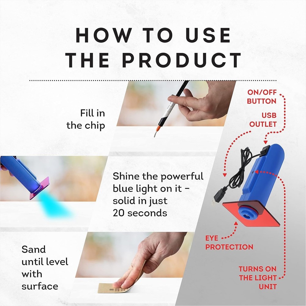 Ultimate Tile and Countertop Repair Kit - 20 Chip Fixing Solution with Light