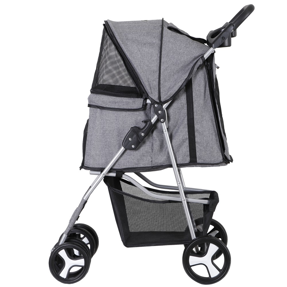 Pet Stroller 4 Wheels Cat Dog Stroller with Cup Holder, Breathable Mesh Grey