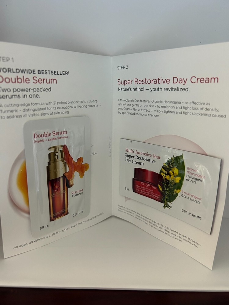 25 Pack Clarins Double Serum + Super Restorative Day Cream Sample Card