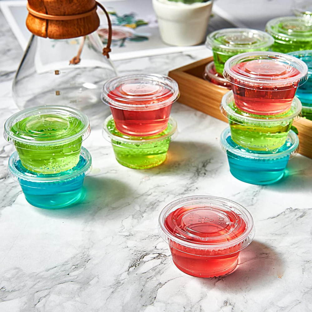 200 Sets 2 Oz Disposable Plastic Portion Cups with Lids, Small Plastic Condiment