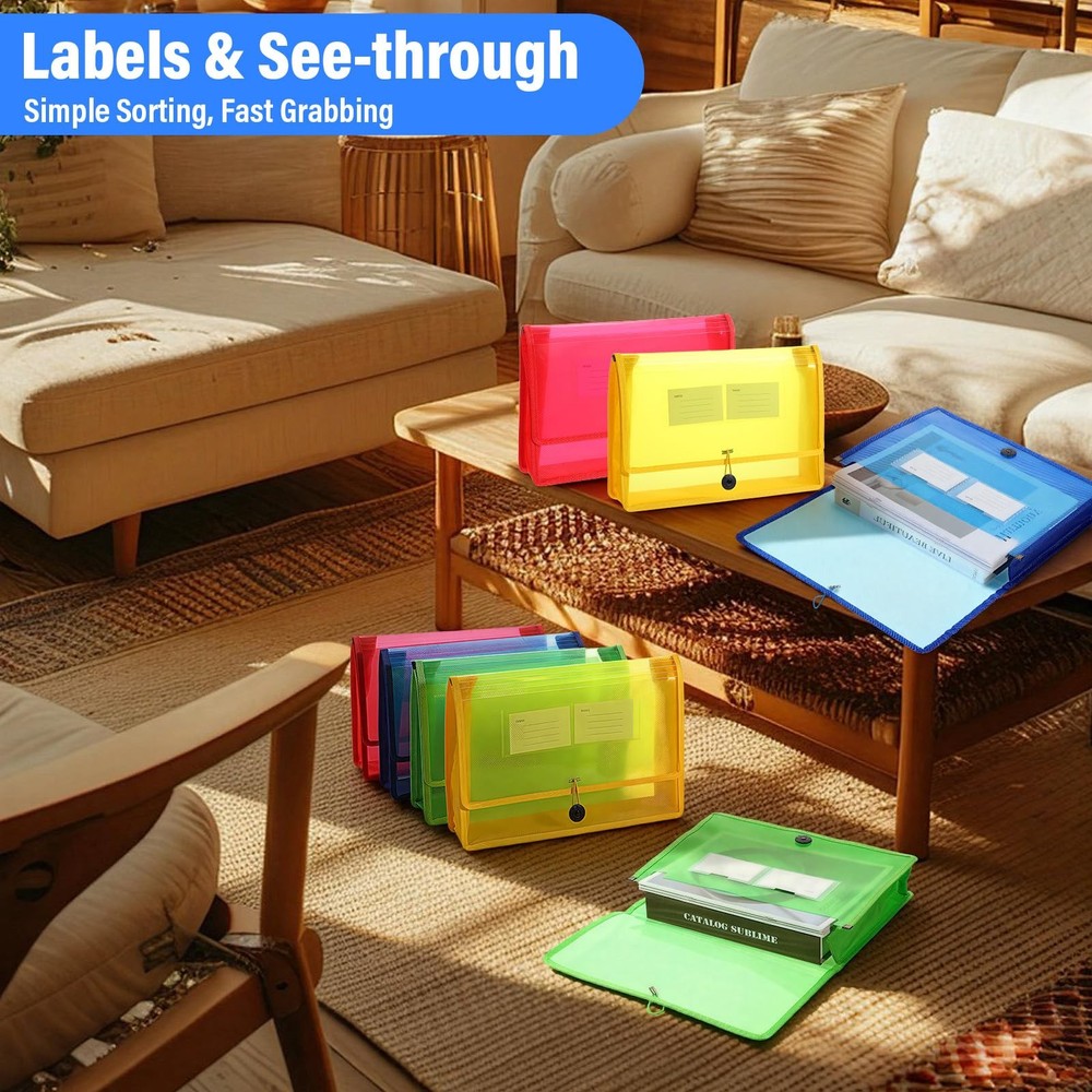 8 Pack Plastic File Wallet Document Organizer with Flap and Cord Closure, 3.1...